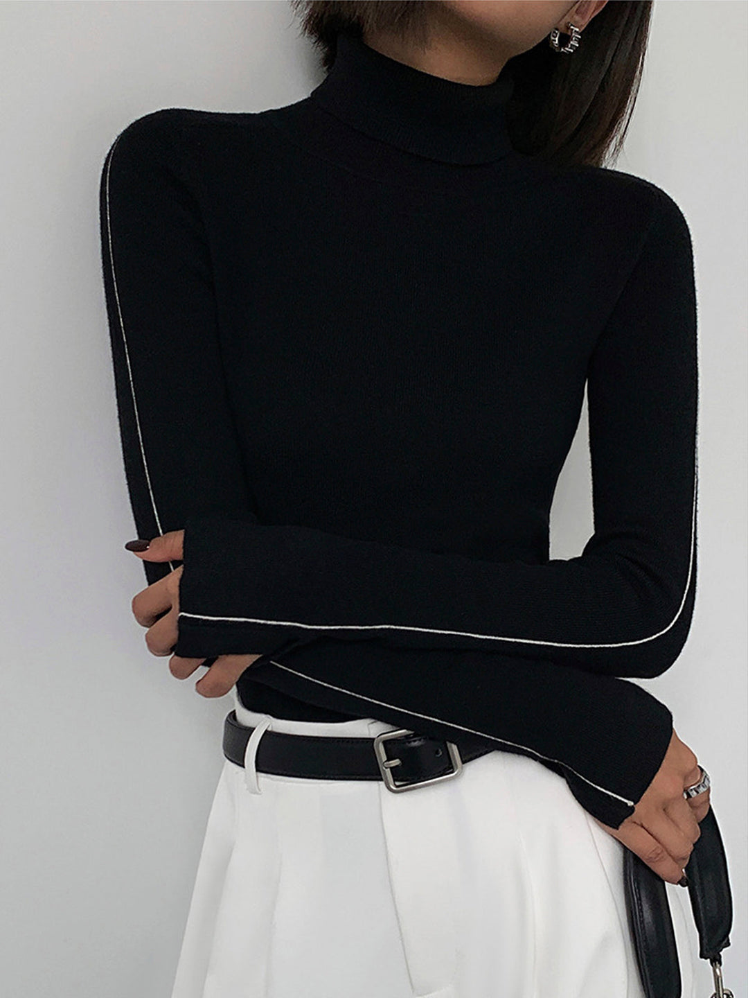 Stylischer Rollkragenpullover Damen mit Kontrastpiping aus Hochwertiger Materialmischung