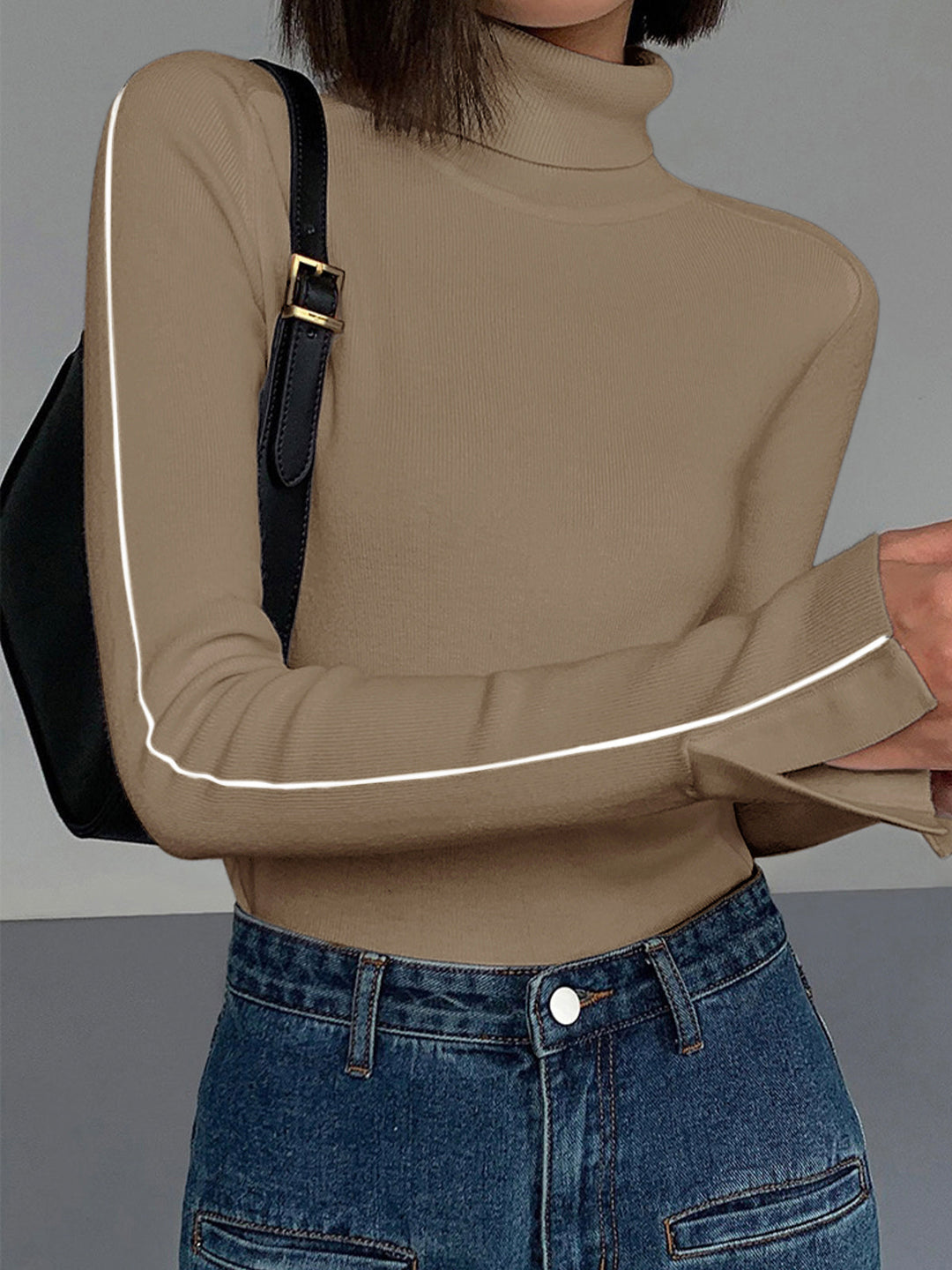 Stylischer Rollkragenpullover Damen mit Kontrastpiping aus Hochwertiger Materialmischung