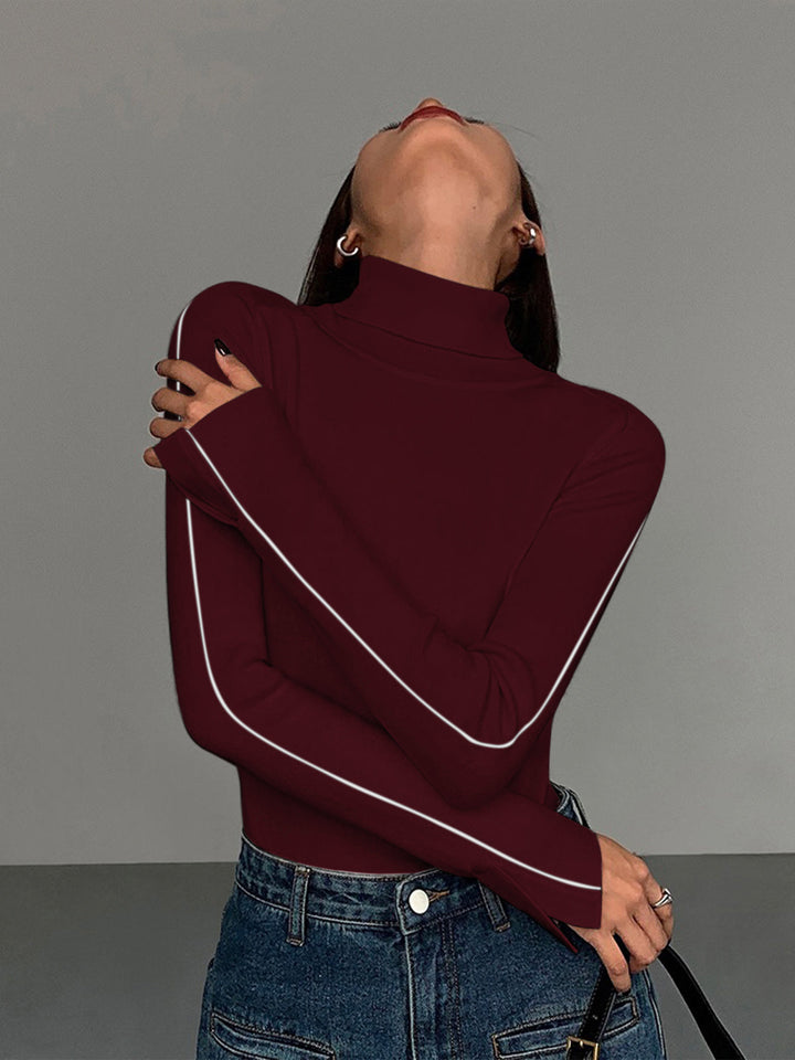 Stylischer Rollkragenpullover Damen mit Kontrastpiping aus Hochwertiger Materialmischung