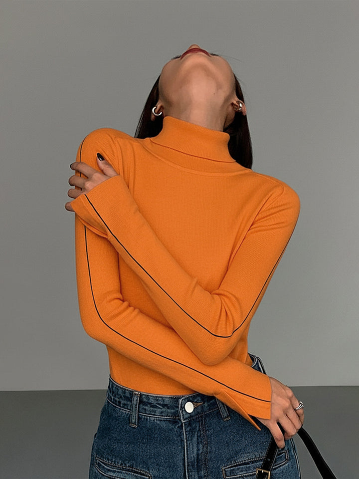 Stylischer Rollkragenpullover Damen mit Kontrastpiping aus Hochwertiger Materialmischung