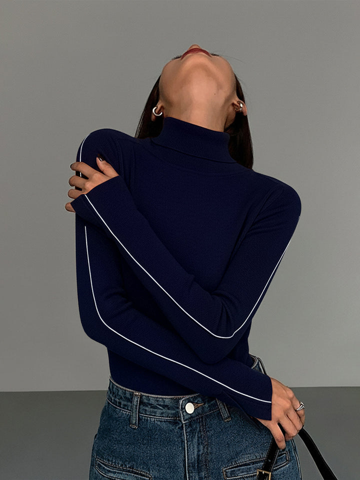 Stylischer Rollkragenpullover Damen mit Kontrastpiping aus Hochwertiger Materialmischung