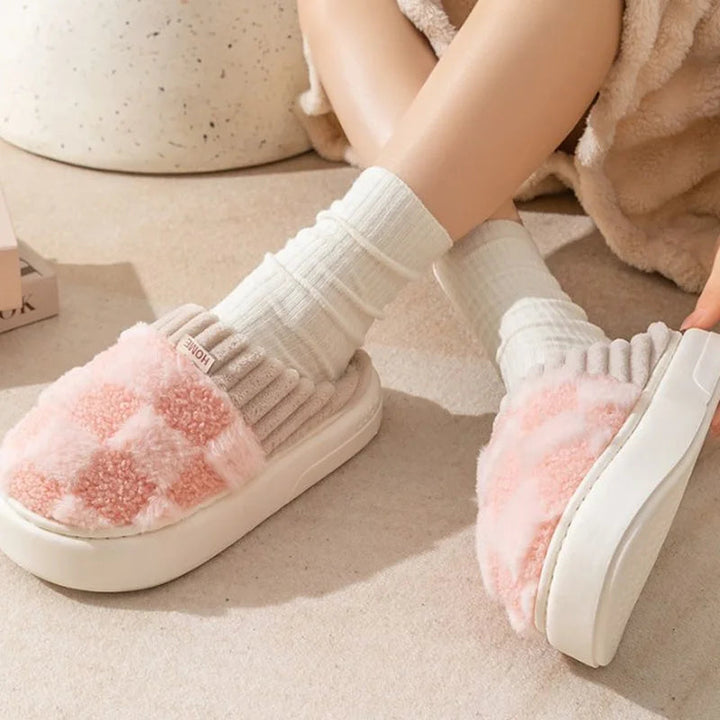 Damen Hausschuhe Flauschiges Textil Kariert