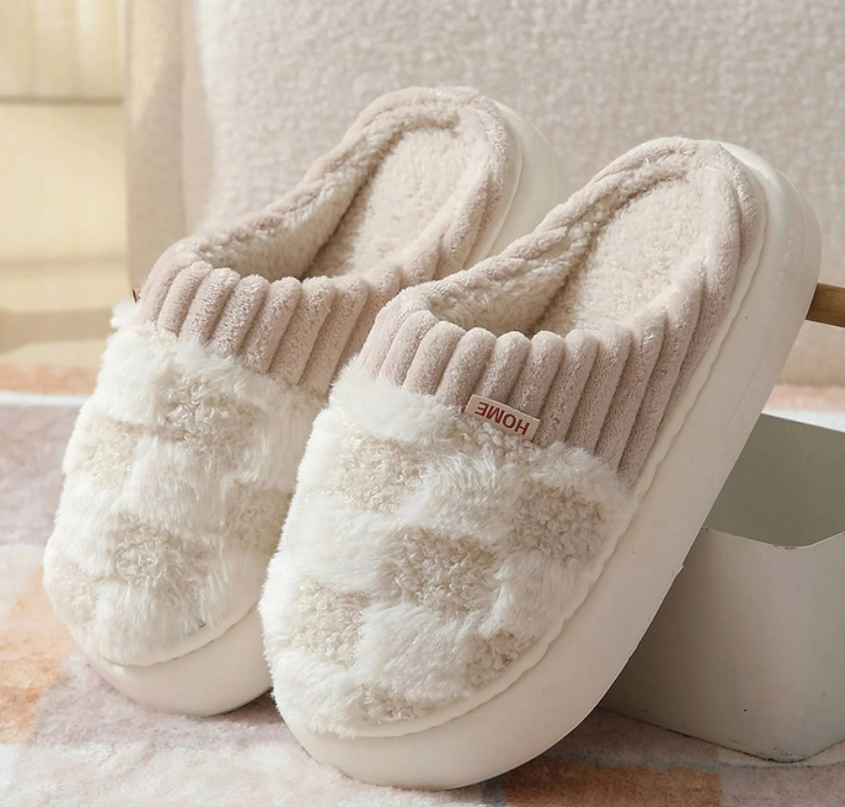 Damen Hausschuhe Flauschiges Textil Kariert