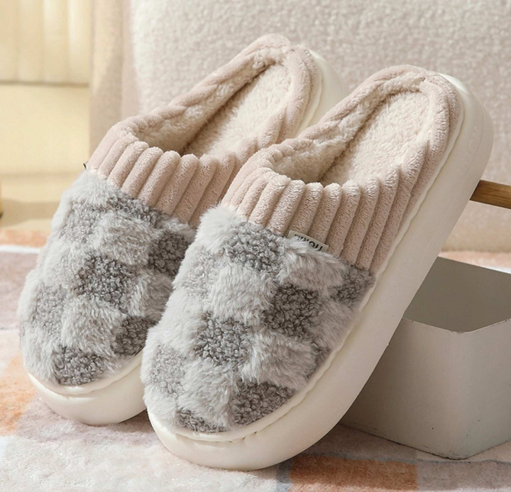 Damen Hausschuhe Flauschiges Textil Kariert
