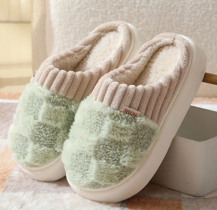 Damen Hausschuhe Flauschiges Textil Kariert
