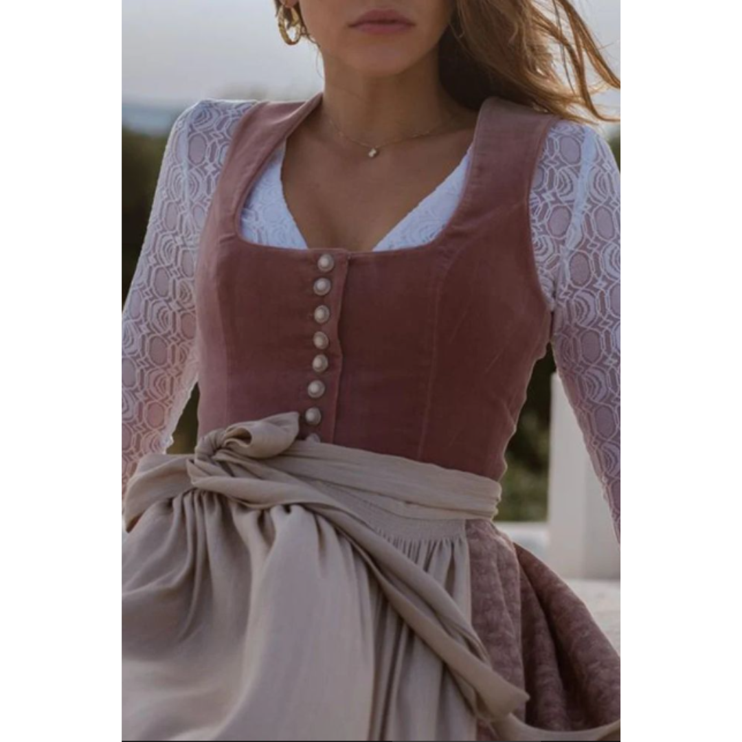 Elegant midi traditional dress with lace sleeves & floral embroidery