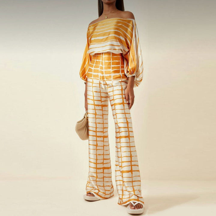 Elegant Women's Two-Piece Satin Set – Off-Shoulder Top & Wide Pants