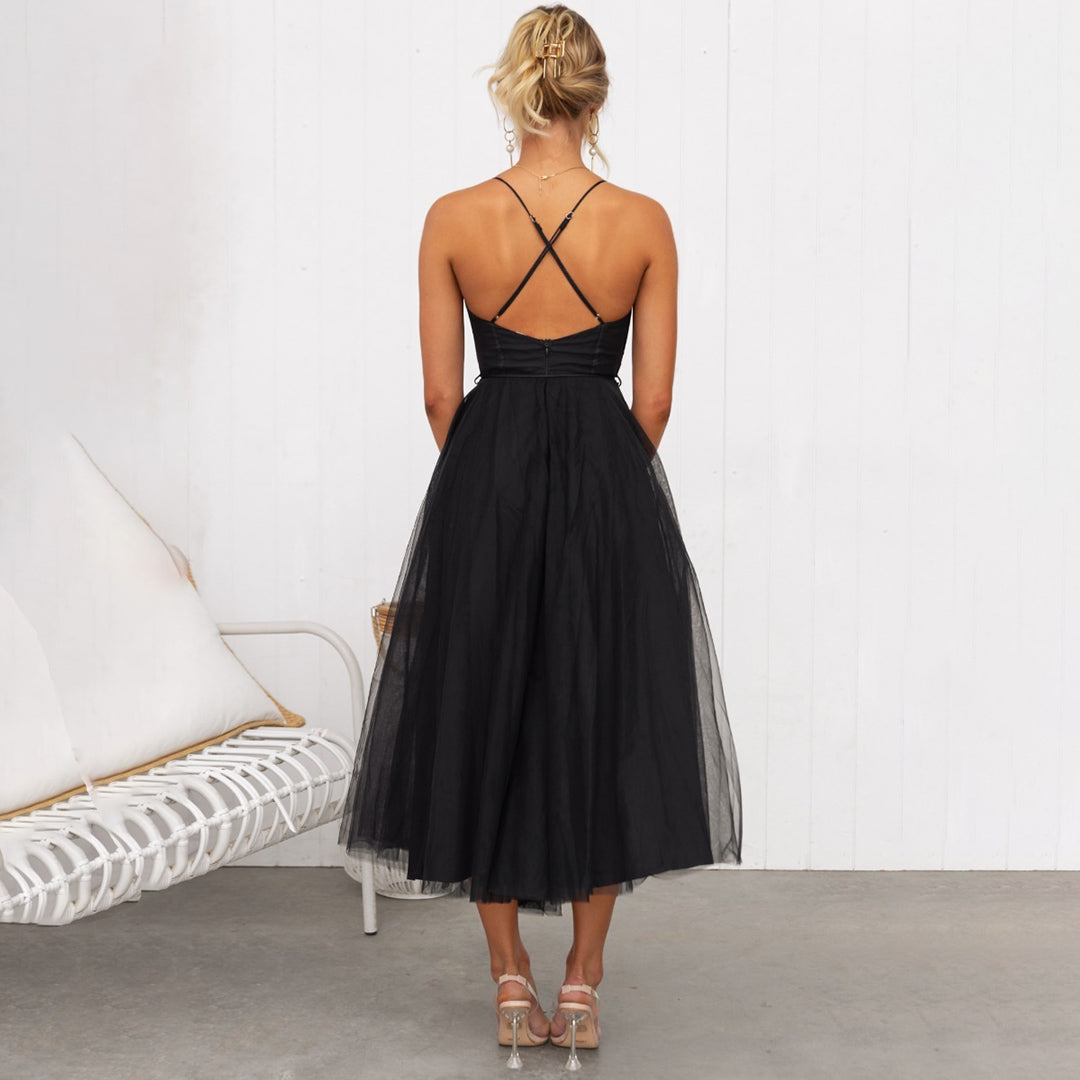 Festive midi cocktail dress | Flowing evening dress with V-neckline