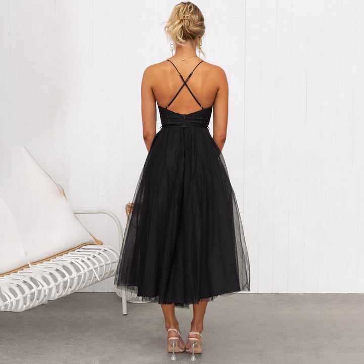 Festive midi cocktail dress | Flowing evening dress with V-neckline