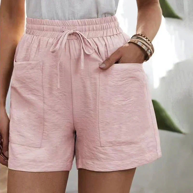 Shorts en lin pour femmes à taille haute avec cordon de serrage – légers pour l'été
