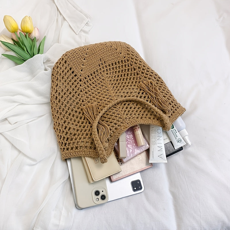 Sac au crochet fait main – Grande sac de plage boho avec pompon