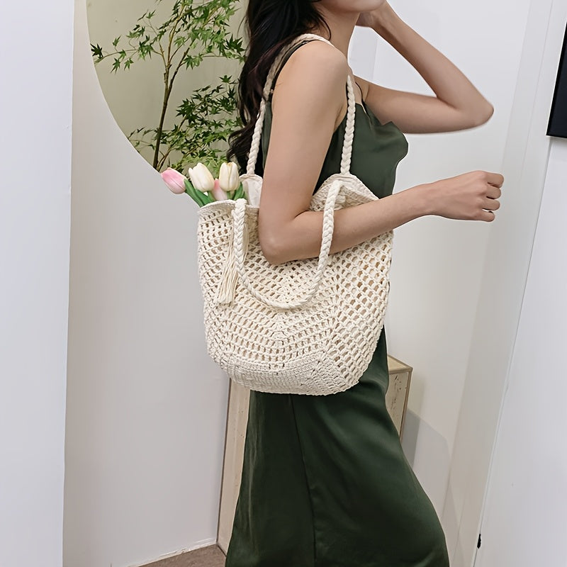 Sac au crochet fait main – Grande sac de plage boho avec pompon