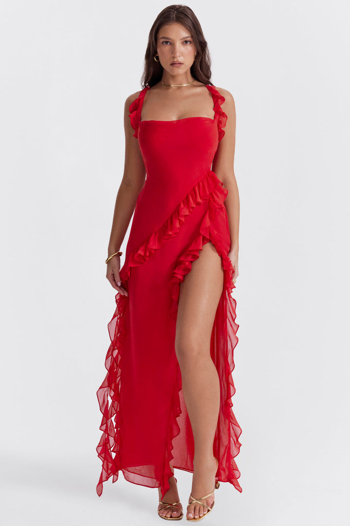 Elegant one-shoulder evening dress with ruffles and high slit