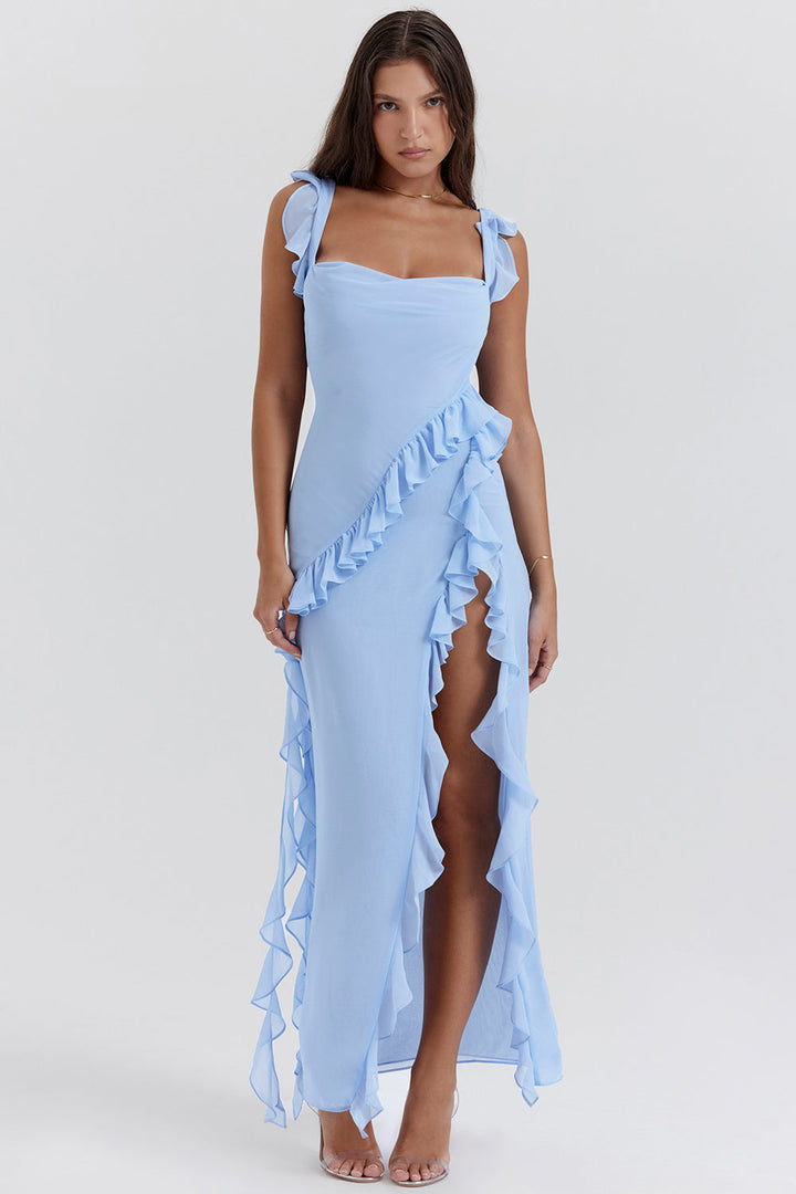 Elegant one-shoulder evening dress with ruffles and high slit