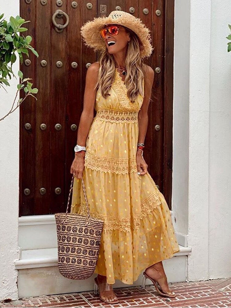 Women's maxi dress made of cotton with boho chic style and V-neckline