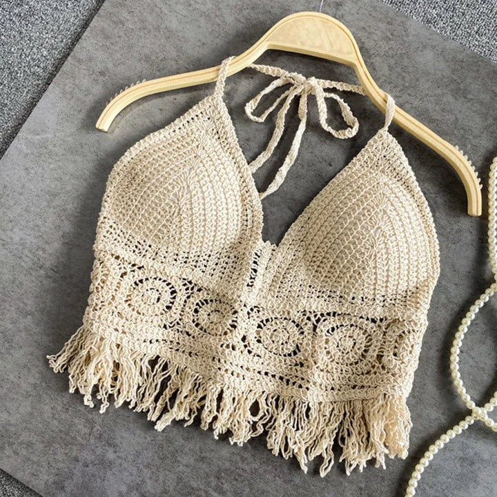 Beige women's bikini top woven without underwire – adjustable fit summer look