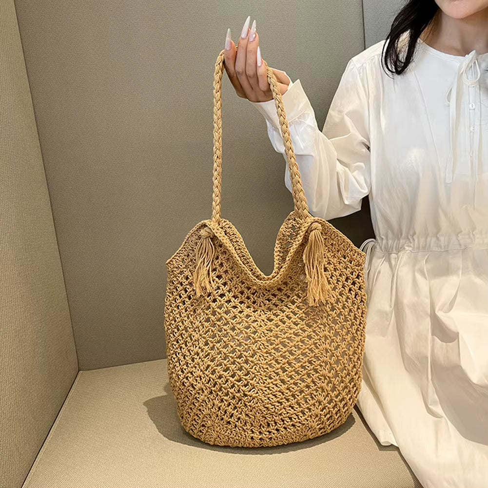 Sac au crochet fait main – Grande sac de plage boho avec pompon