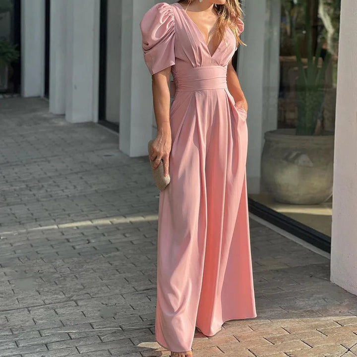Women's Jumpsuit Polyester Elegant Puff Sleeves Waist Belt Summer Outfit