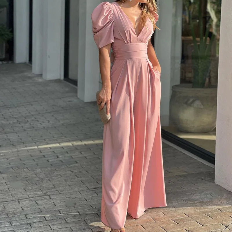 Women's Jumpsuit Polyester Elegant Puff Sleeves Waist Belt Summer Outfit