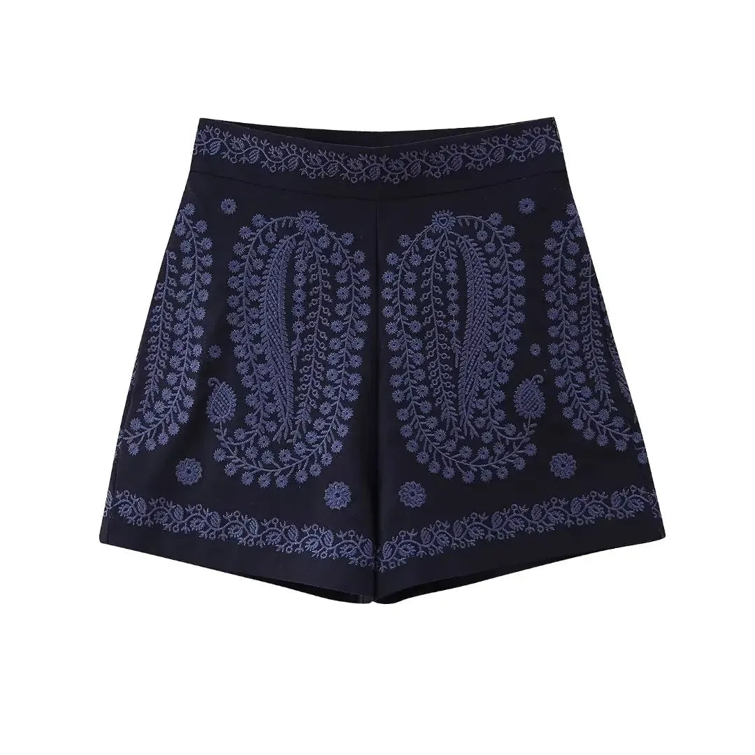 Shorts taille haute brodées en cuir vegan