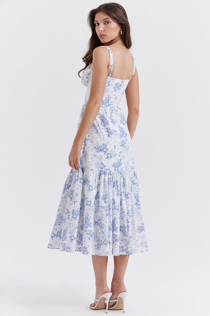 Women's midi dress made of viscose with floral pattern and V-neckline