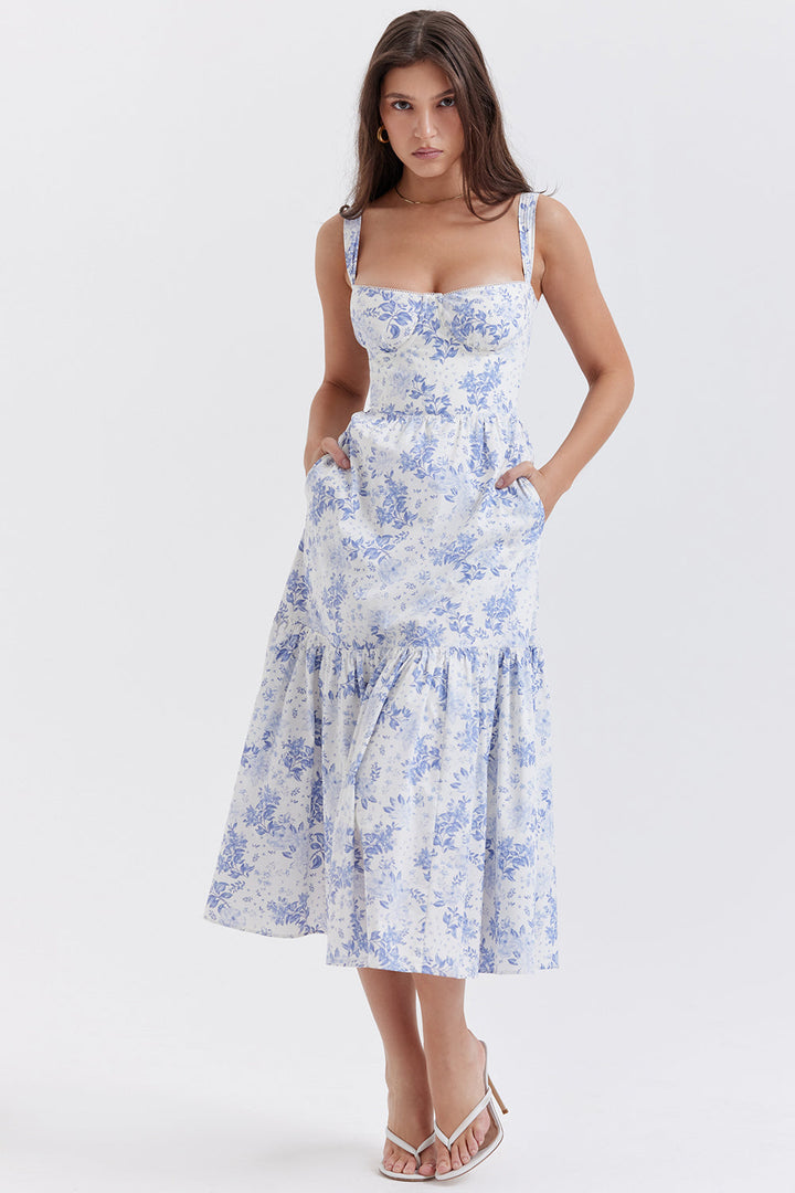 Women's midi dress made of viscose with floral pattern and V-neckline