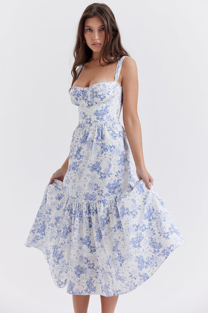 Women's midi dress made of viscose with floral pattern and V-neckline