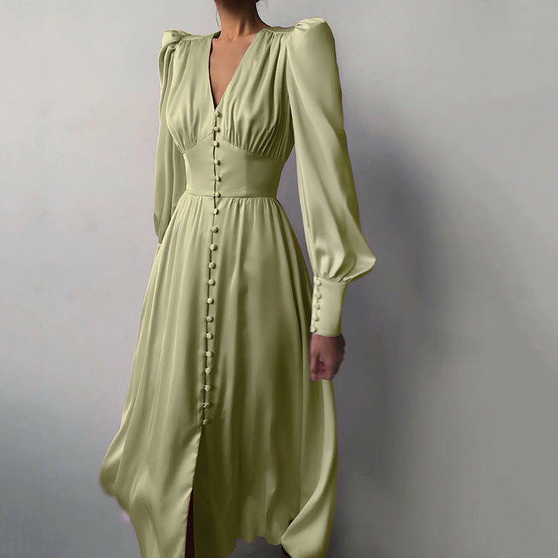 Fitted satin dress with balloon sleeves – Elegant evening dress