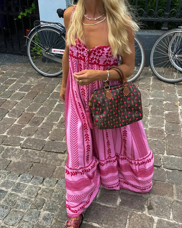 Maxi summer dress made of viscose – A-line, floral pattern, boho style