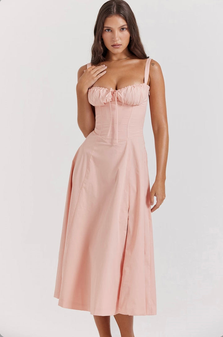 Elegant women's summer dress – A-line, midi, slit