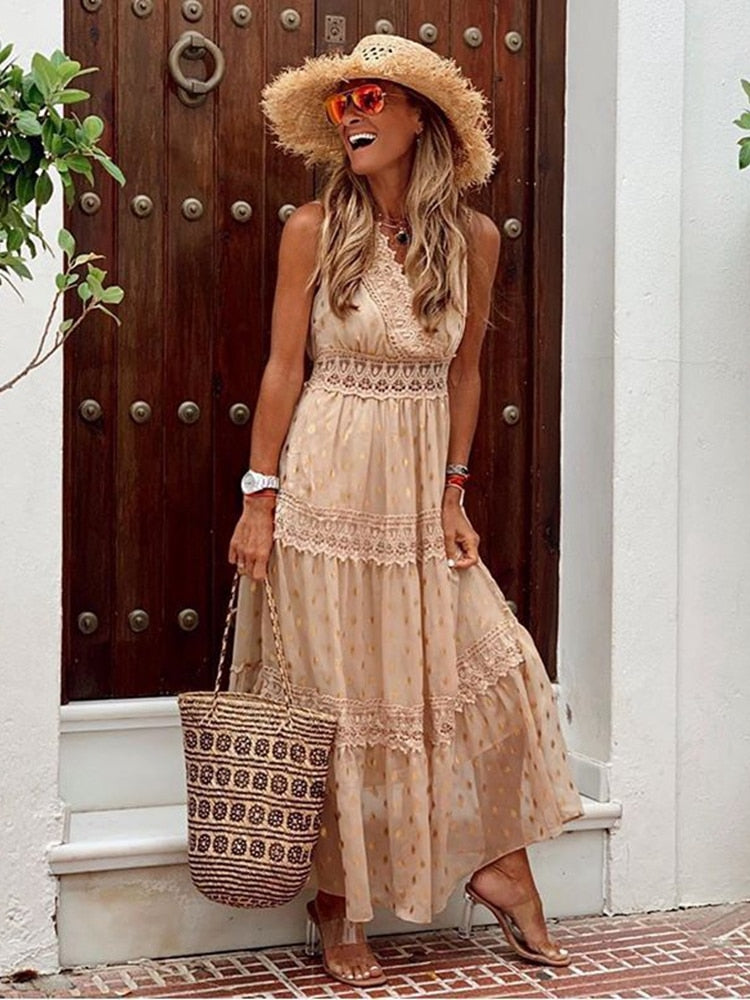 Women's maxi dress made of cotton with boho chic style and V-neckline