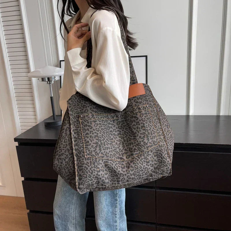 Sac de plage en toile surdimensionné – Sac à provisions pour femmes avec motif léopard