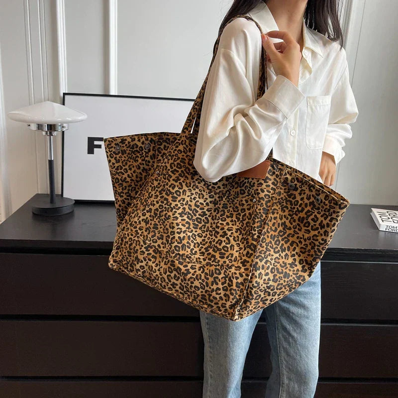 Sac de plage en toile surdimensionné – Sac à provisions pour femmes avec motif léopard