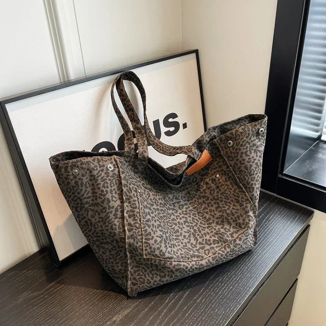 Sac de plage en toile surdimensionné – Sac à provisions pour femmes avec motif léopard