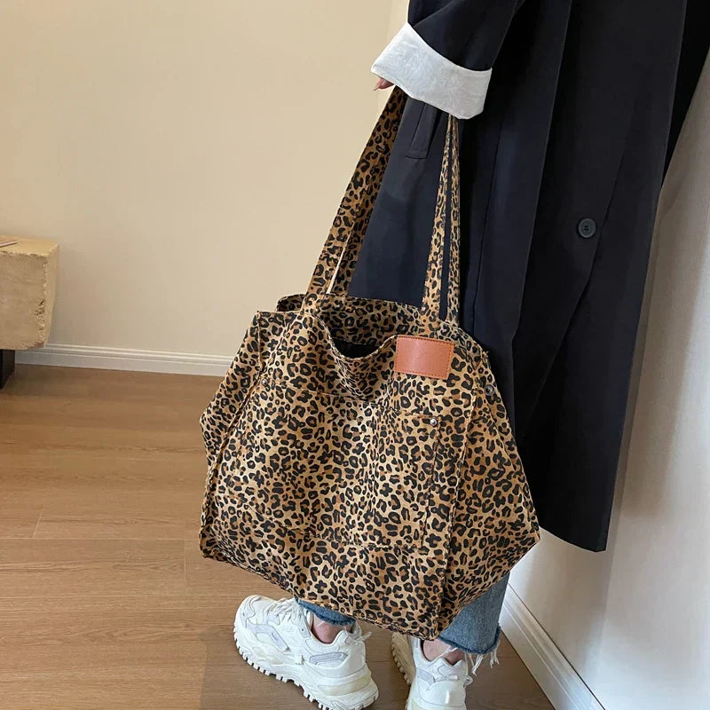 Sac de plage en toile surdimensionné – Sac à provisions pour femmes avec motif léopard