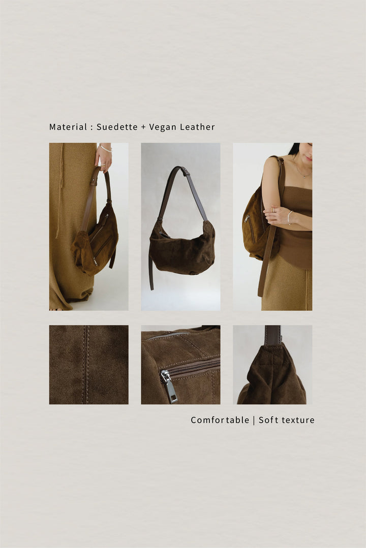Sac à dumplings en suédine noire vintage – Sac à épaule vegan