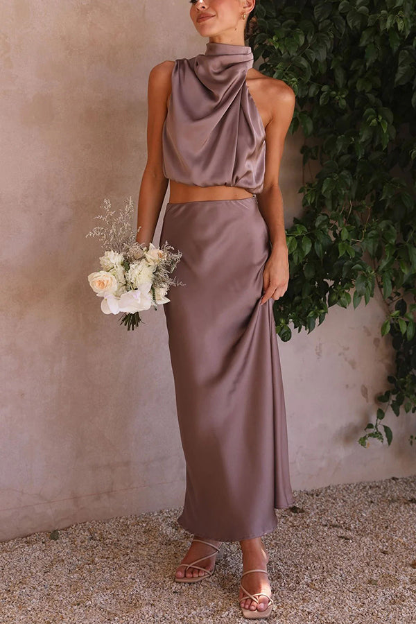 Elegant satin two-piece set – halter top & maxi skirt