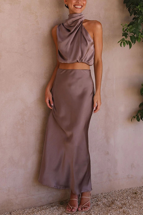 Elegant satin two-piece set – halter top & maxi skirt