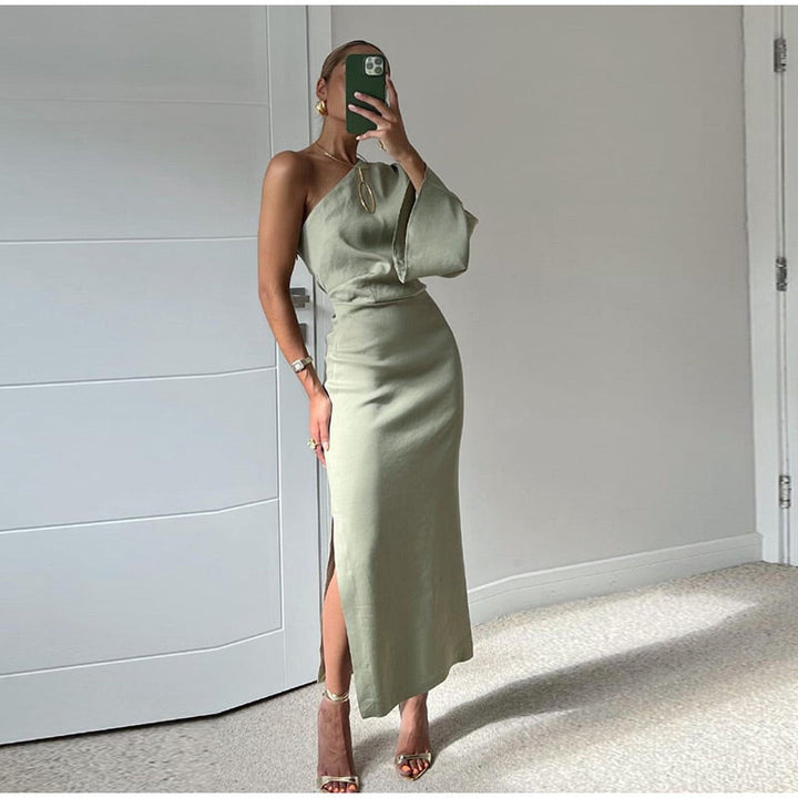 Maxi dress one-shoulder made of vegan leather