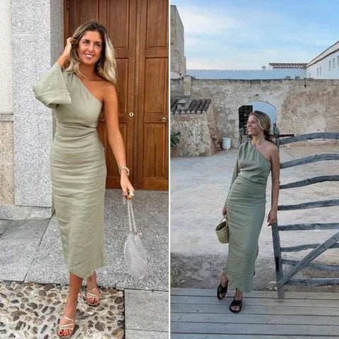 Maxi dress one-shoulder made of vegan leather