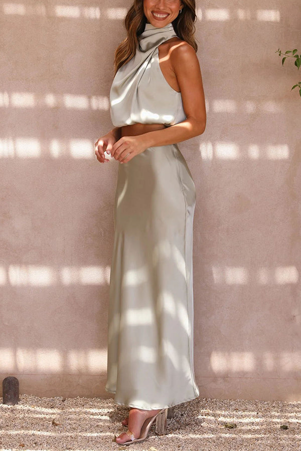 Elegant satin two-piece set – halter top & maxi skirt