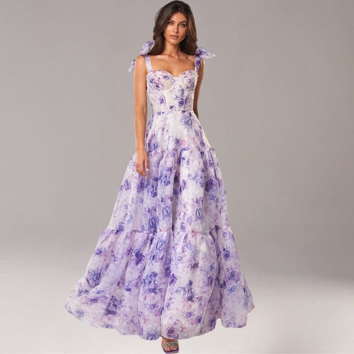 Elegant chiffon floral dress with bow detail – women's summer