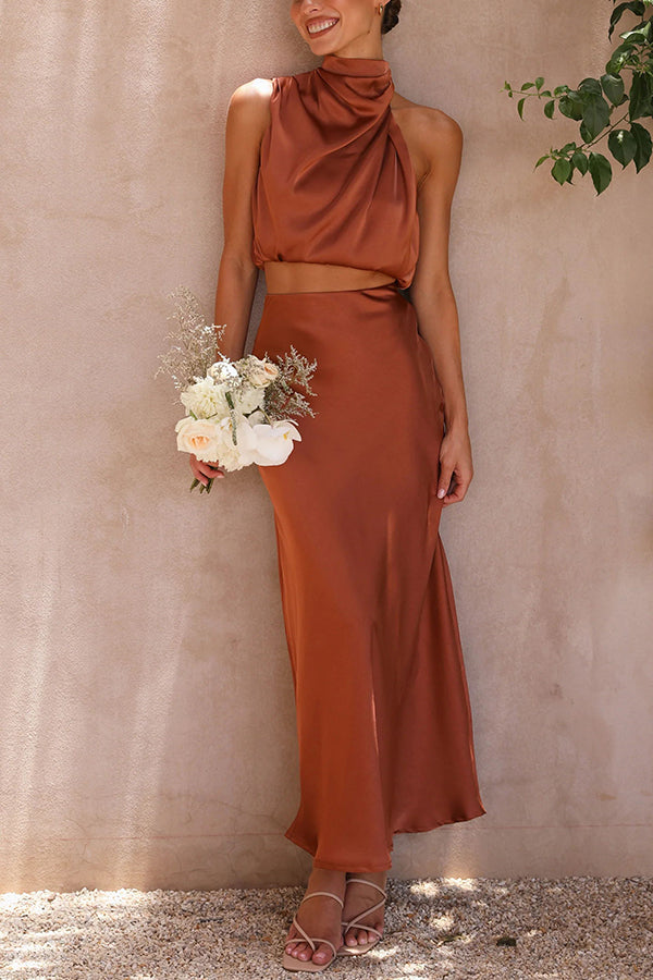 Elegant satin two-piece set – halter top & maxi skirt