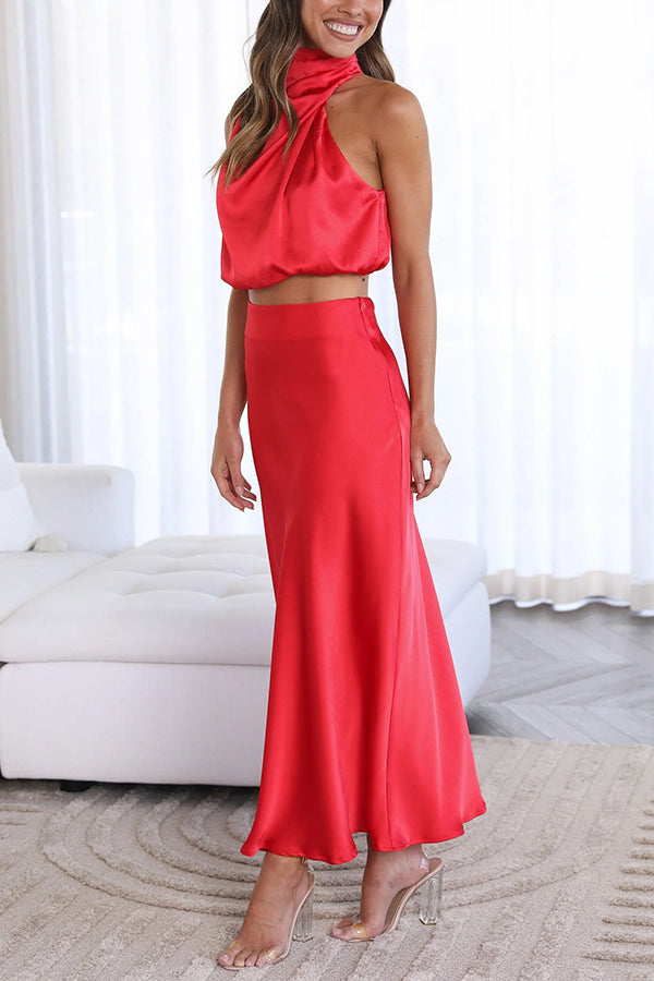Elegant satin two-piece set – halter top & maxi skirt