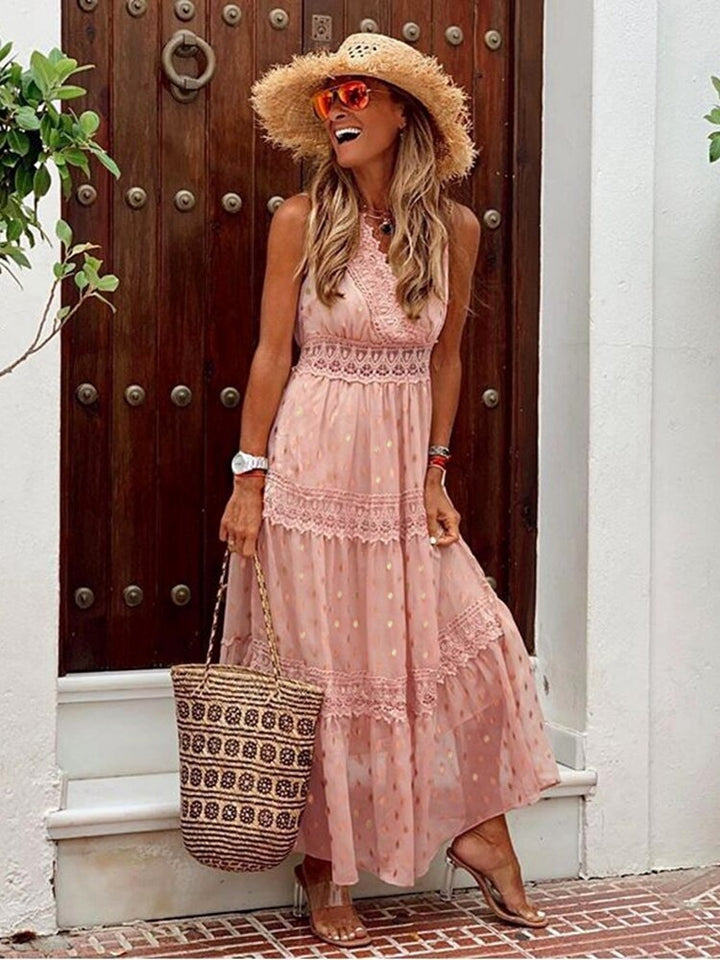 Women's maxi dress made of cotton with boho chic style and V-neckline
