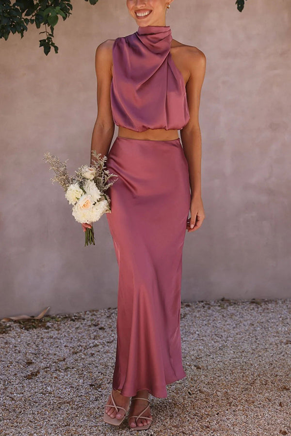 Elegant satin two-piece set – halter top & maxi skirt