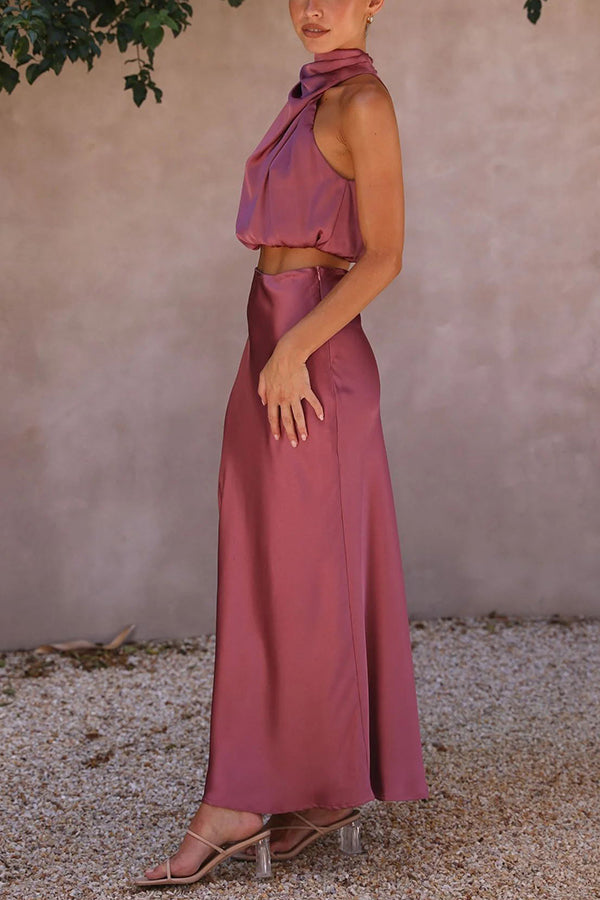Elegant satin two-piece set – halter top & maxi skirt