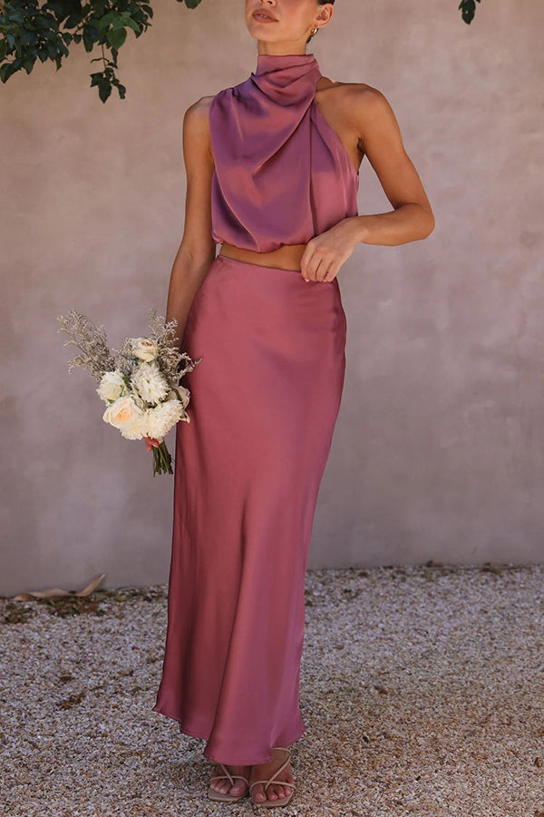 Elegant satin two-piece set – halter top & maxi skirt