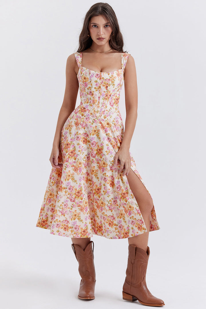 Women's midi dress made of viscose with floral pattern and V-neckline