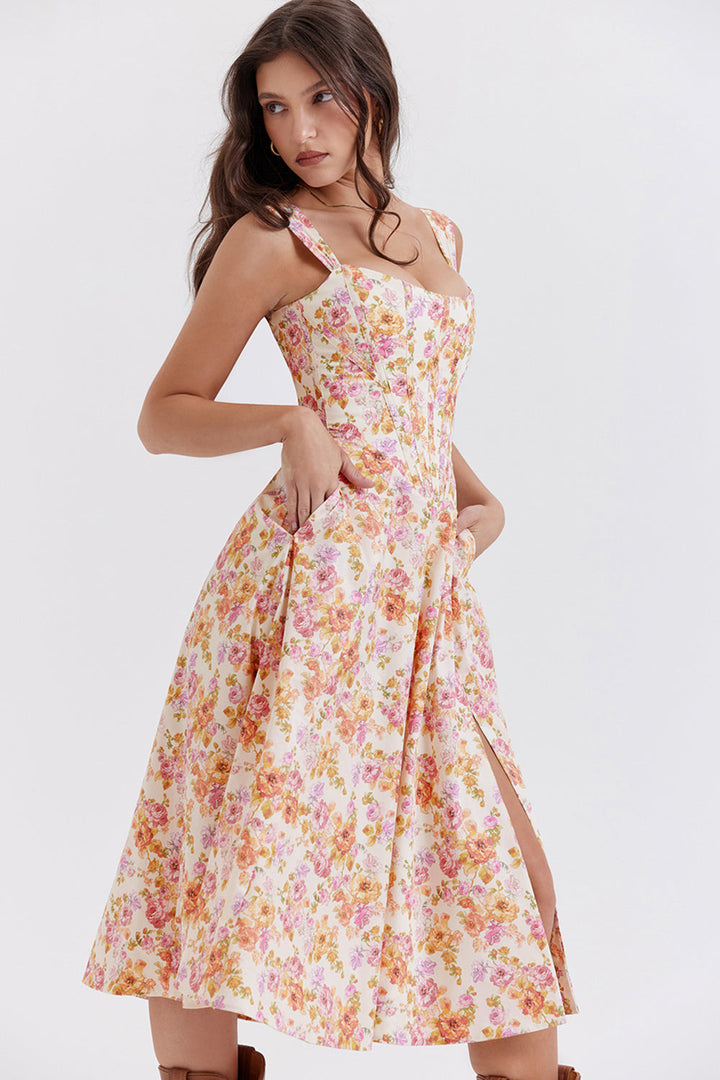Women's midi dress made of viscose with floral pattern and V-neckline